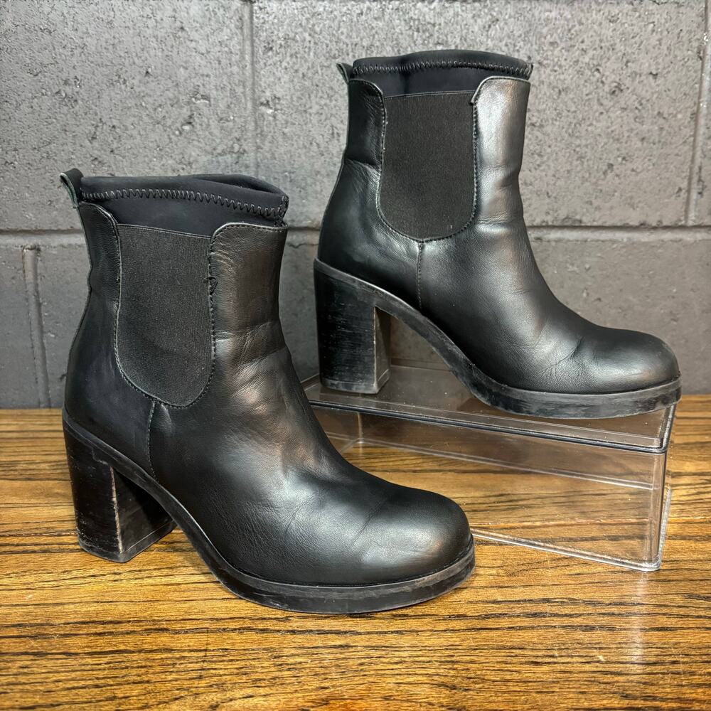 Black Leather Chelsea Ankle Boots Block Heel Platform Women’s Size 37 / US 6.5